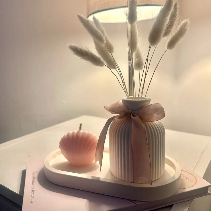 3 piece ceramic vase, shell candle and vanity tray 3 piece ceramic vase, shell candle and vanity tray