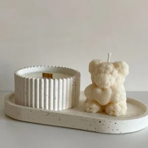 teddy bear and ribbed jar candle tray set